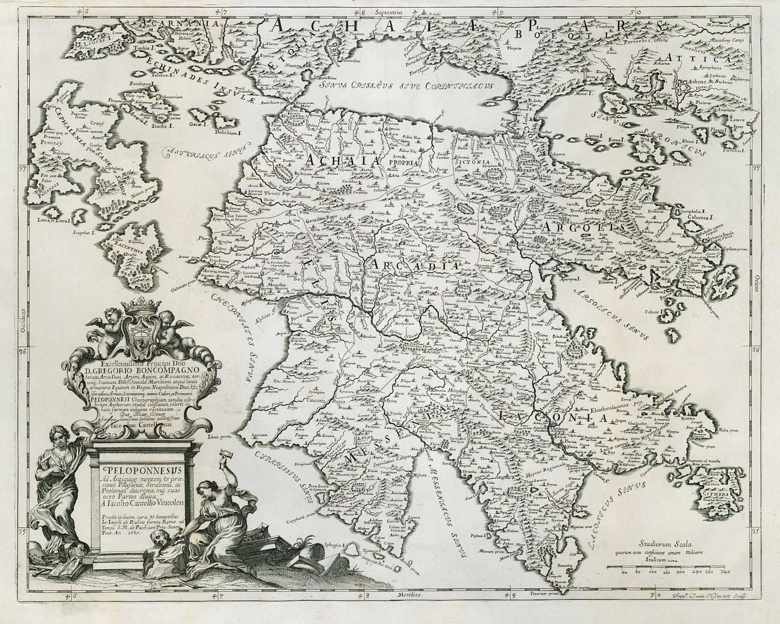 Peloponnesus. Peloponnese. Greece. DE ROSSI / CANTELLI DE VIGNOLA 1685 old map